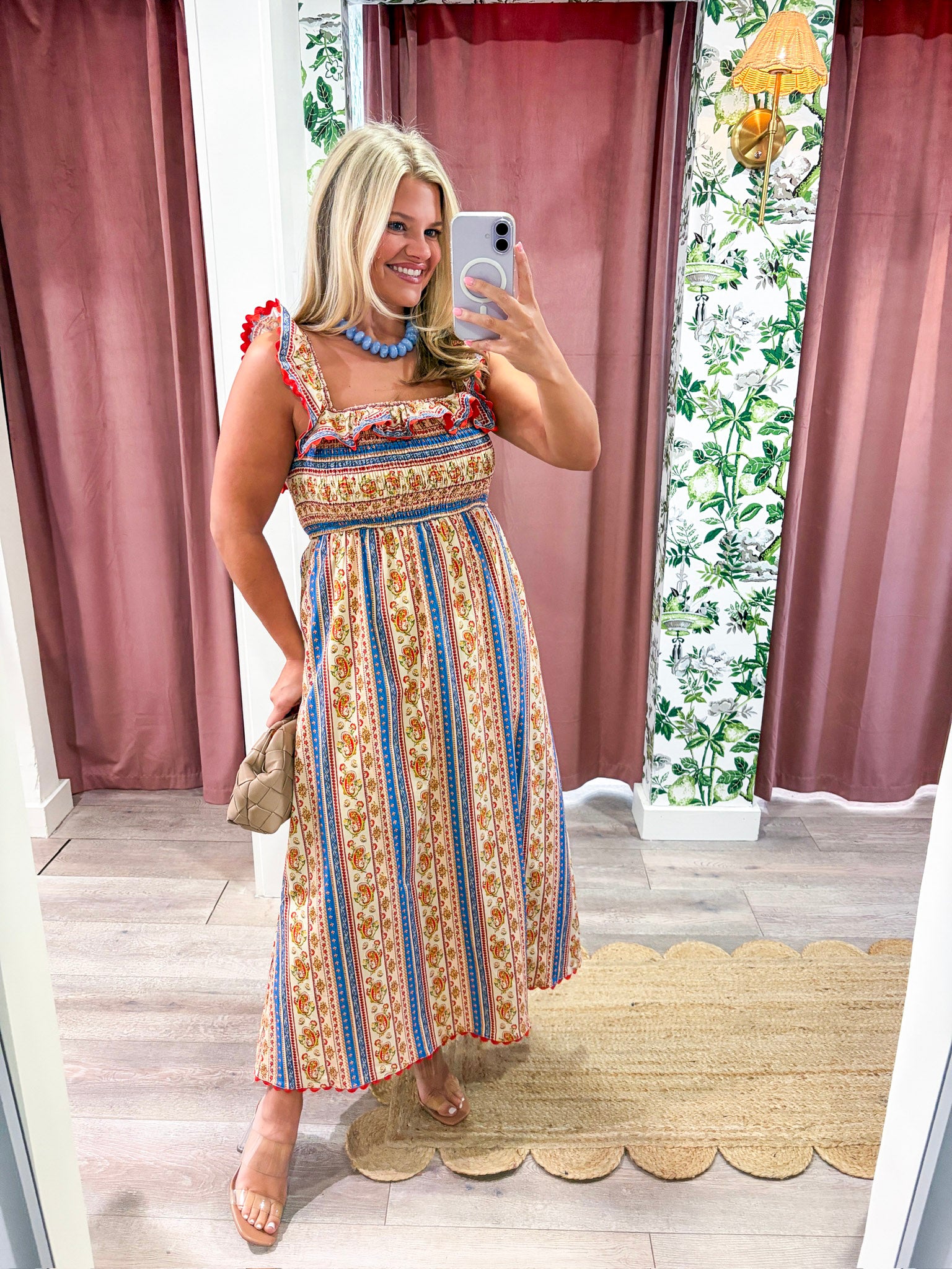 Paisley Stripe Smocked Midi Dress