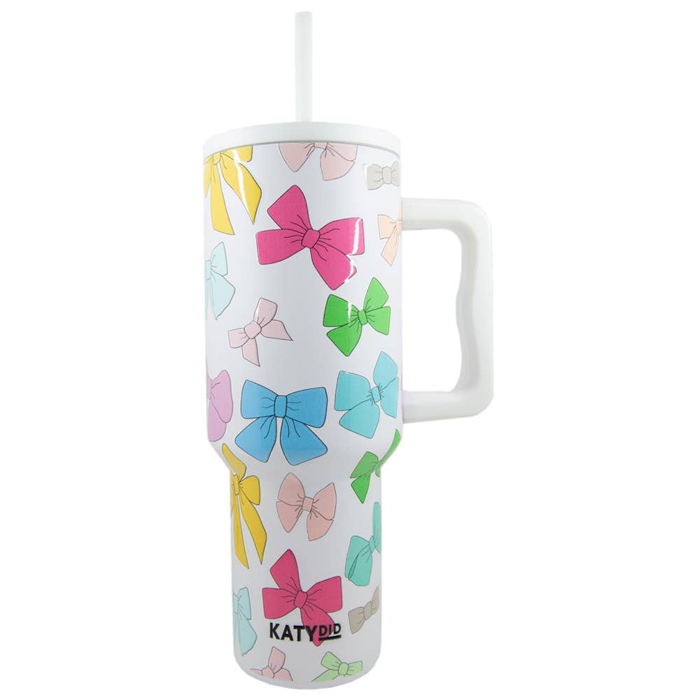 Multicolored Coquette Bows Tumbler w/ Handle- White