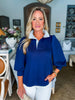 Stripes And Smiles Collared Top- Navy