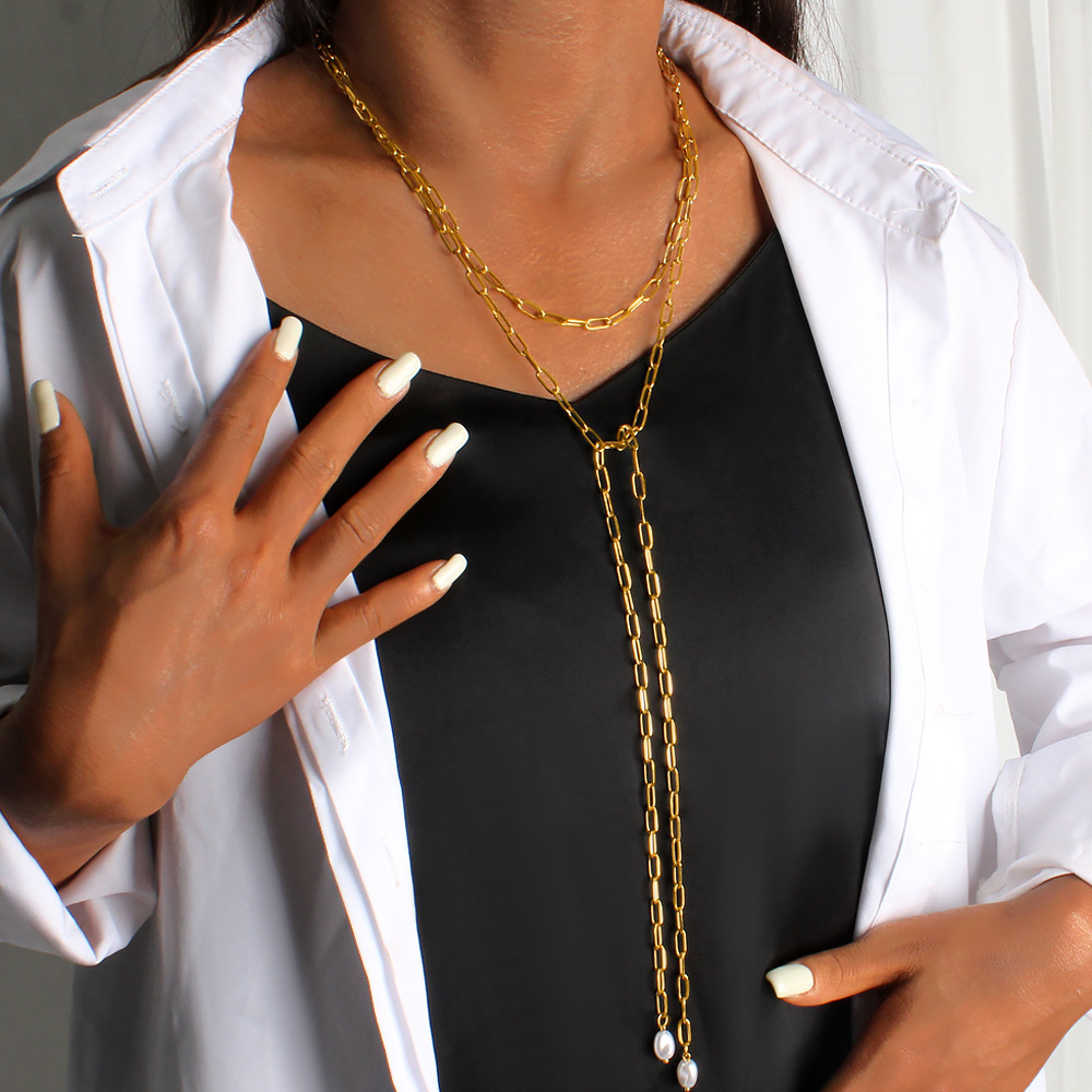 Paperclip Pearl Lariat Necklace