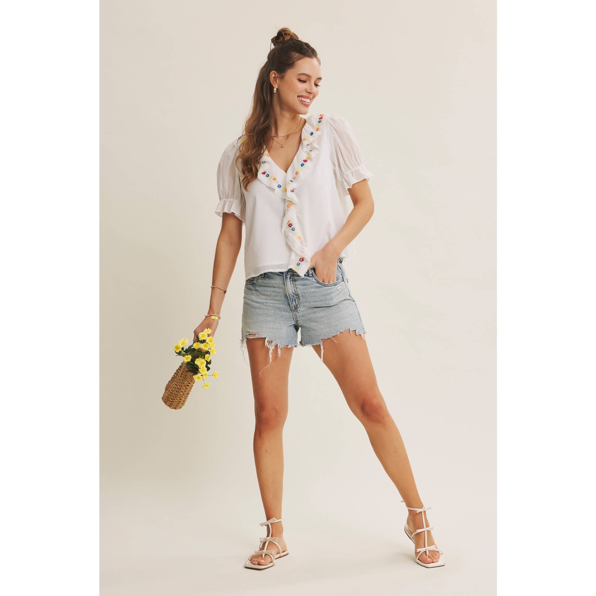 Steps Beach Embroidered Ruffle Top