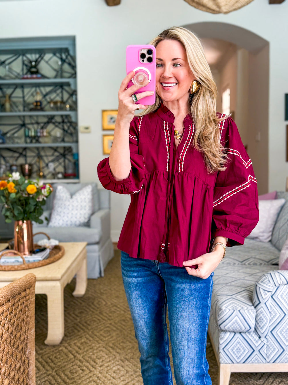 Marfa Bound Embroidered Top-Burgundy