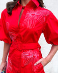 Sweet Flora Puff Sleeve Dress-Red