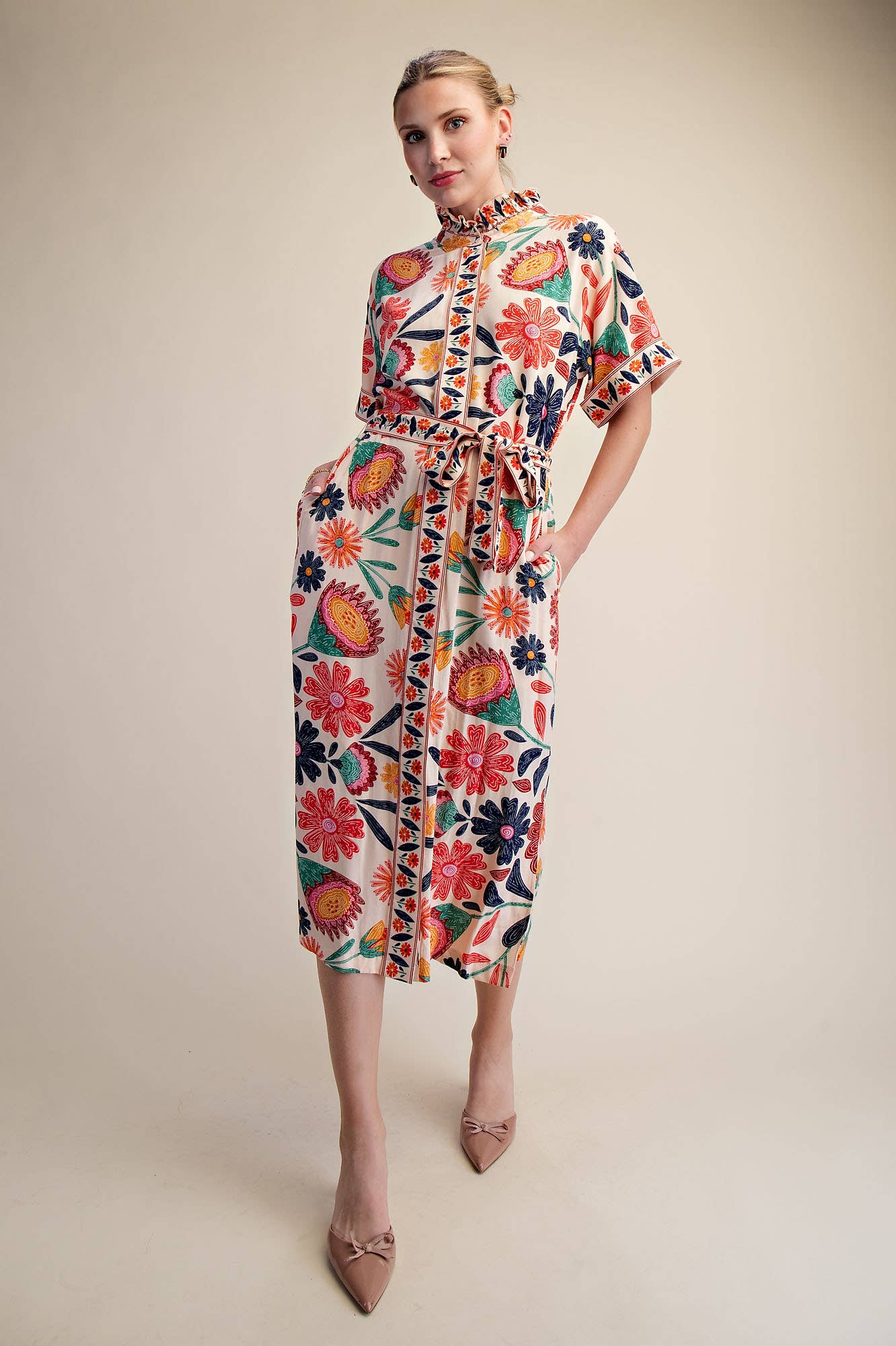 Garden Grace Tie Waist Midi Dress-Coral