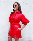 Sweet Flora Puff Sleeve Dress-Red
