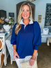 Stripes And Smiles Collared Top- Navy