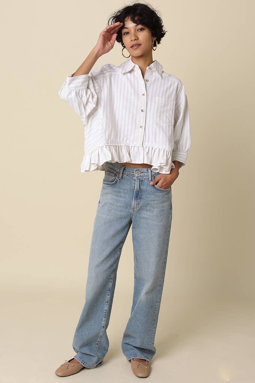 Mattie Striped Ruffle Hem Top-Khaki