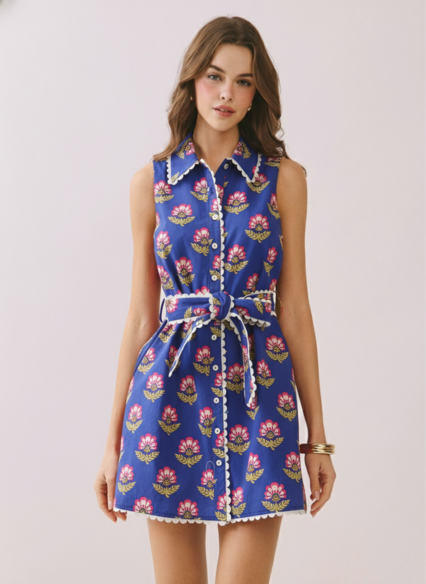 Meet-Cute Belted Floral Dress-Blue