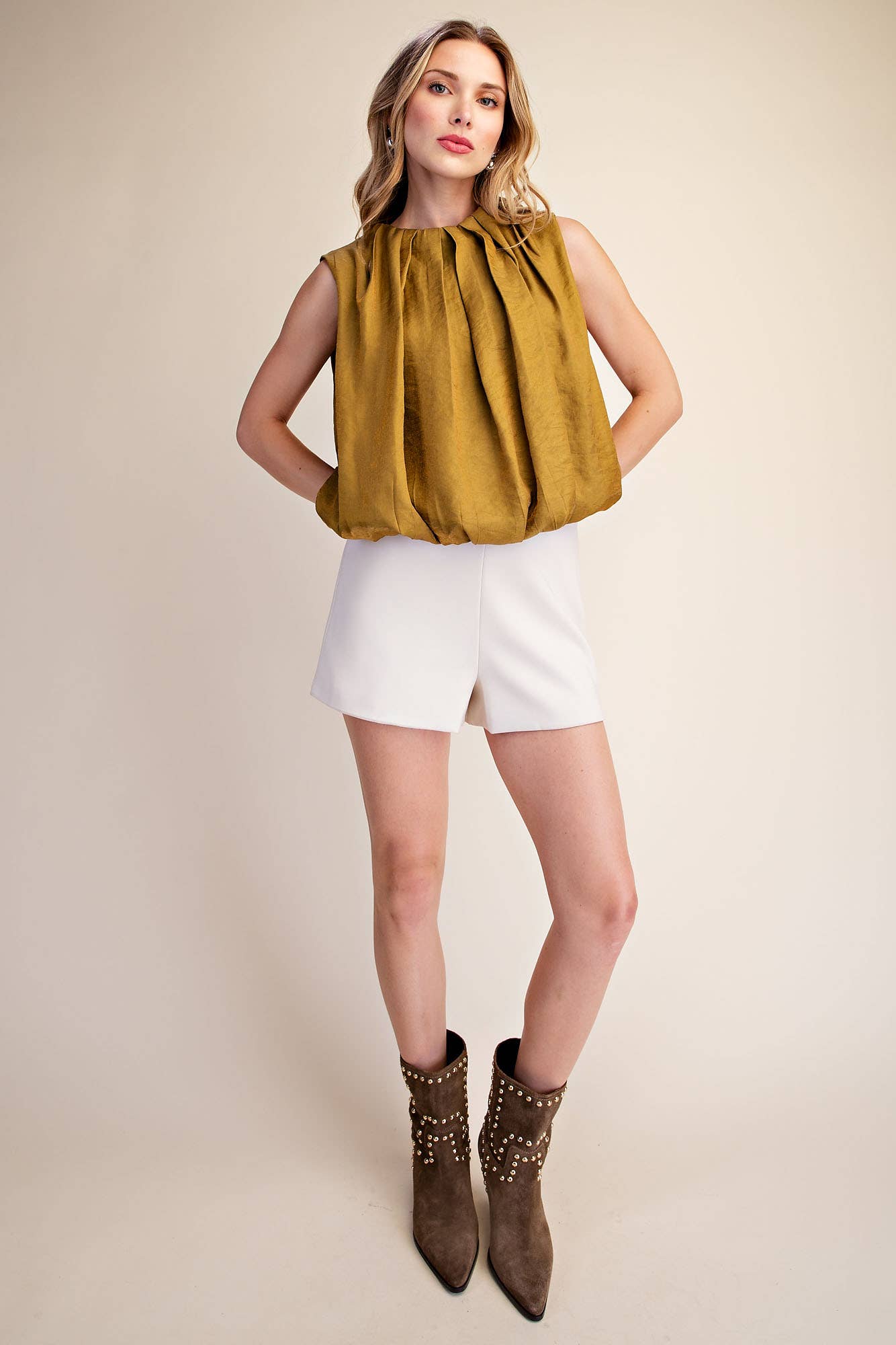Estelle Pleated Balloon Top-Mustard