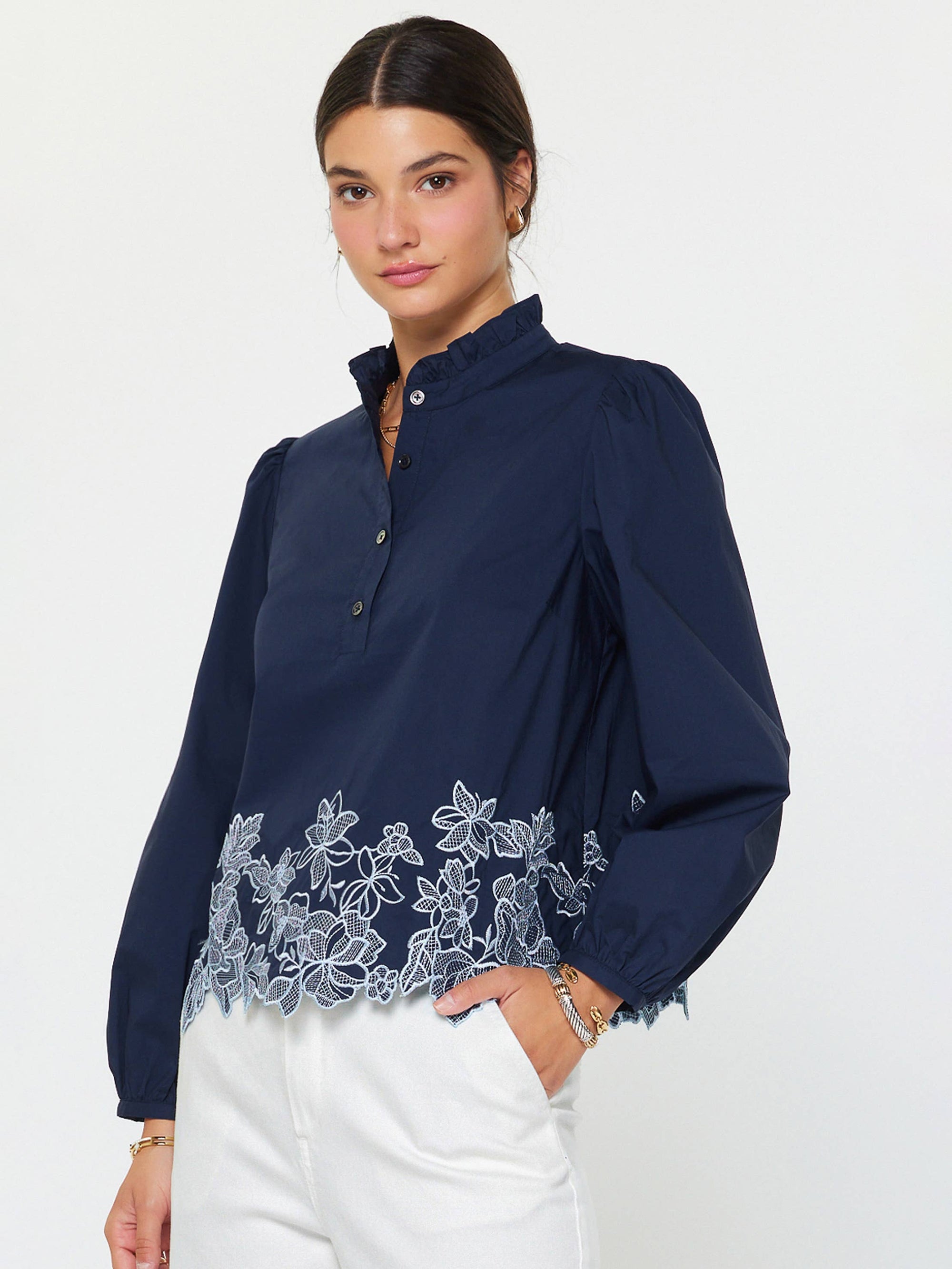 Threaded Bloom Long Sleeve Top-Navy