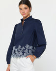 Threaded Bloom Long Sleeve Top-Navy