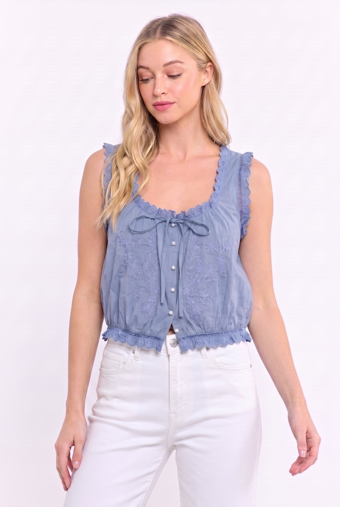 Vintage Grace Embroidered Top-Dusty Blue