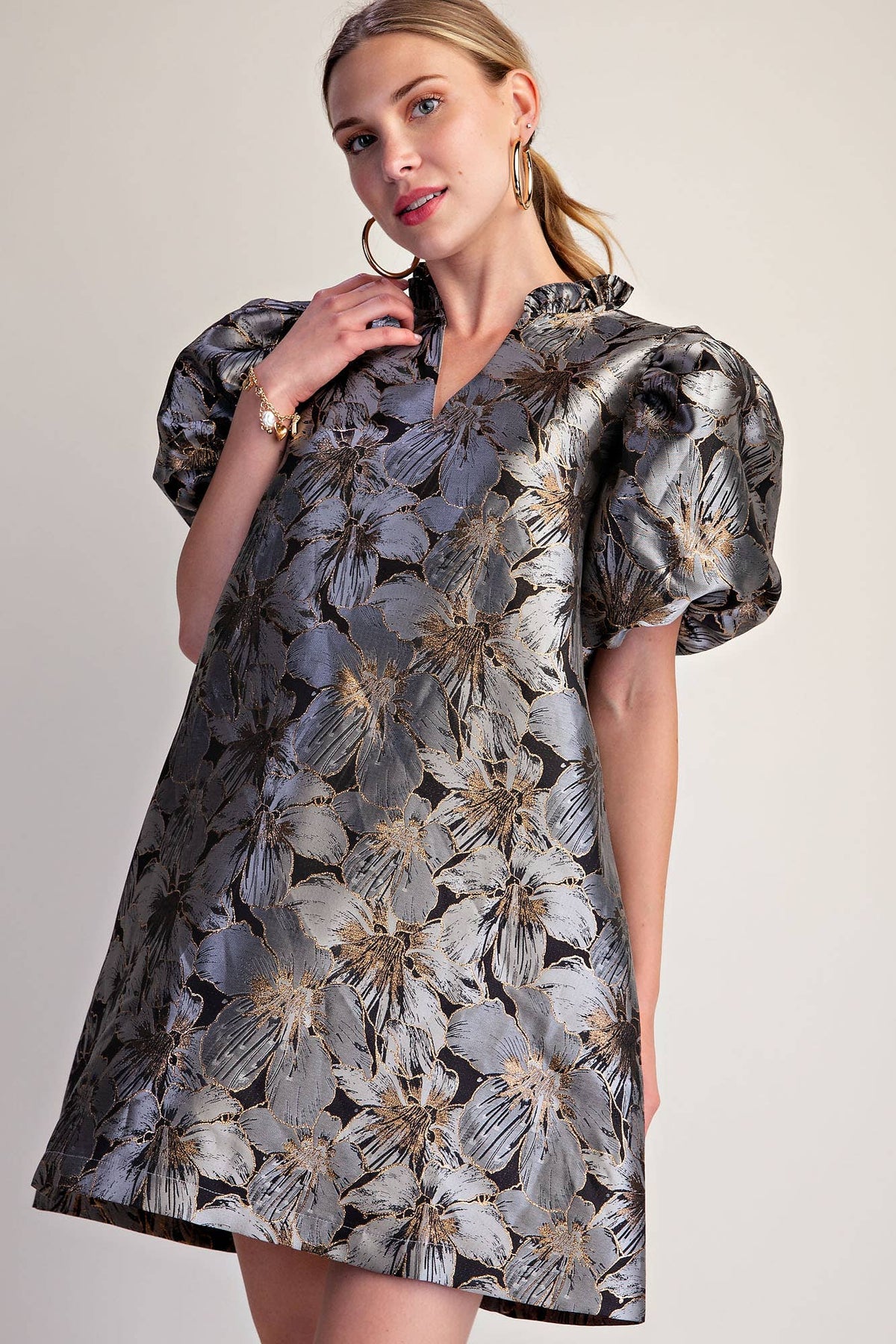 Luminous Bloom Mini Dress-Gray