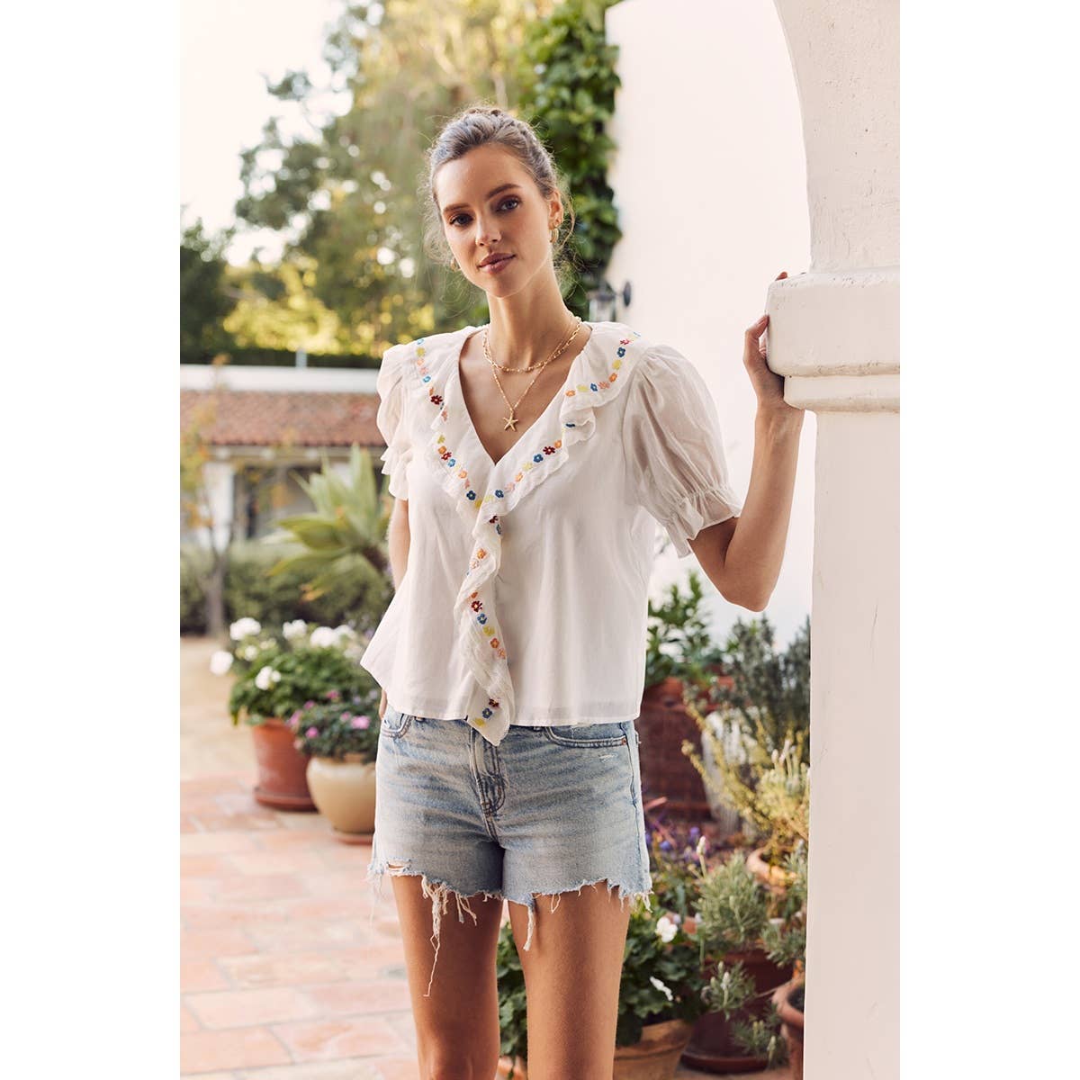 Steps Beach Embroidered Ruffle Top