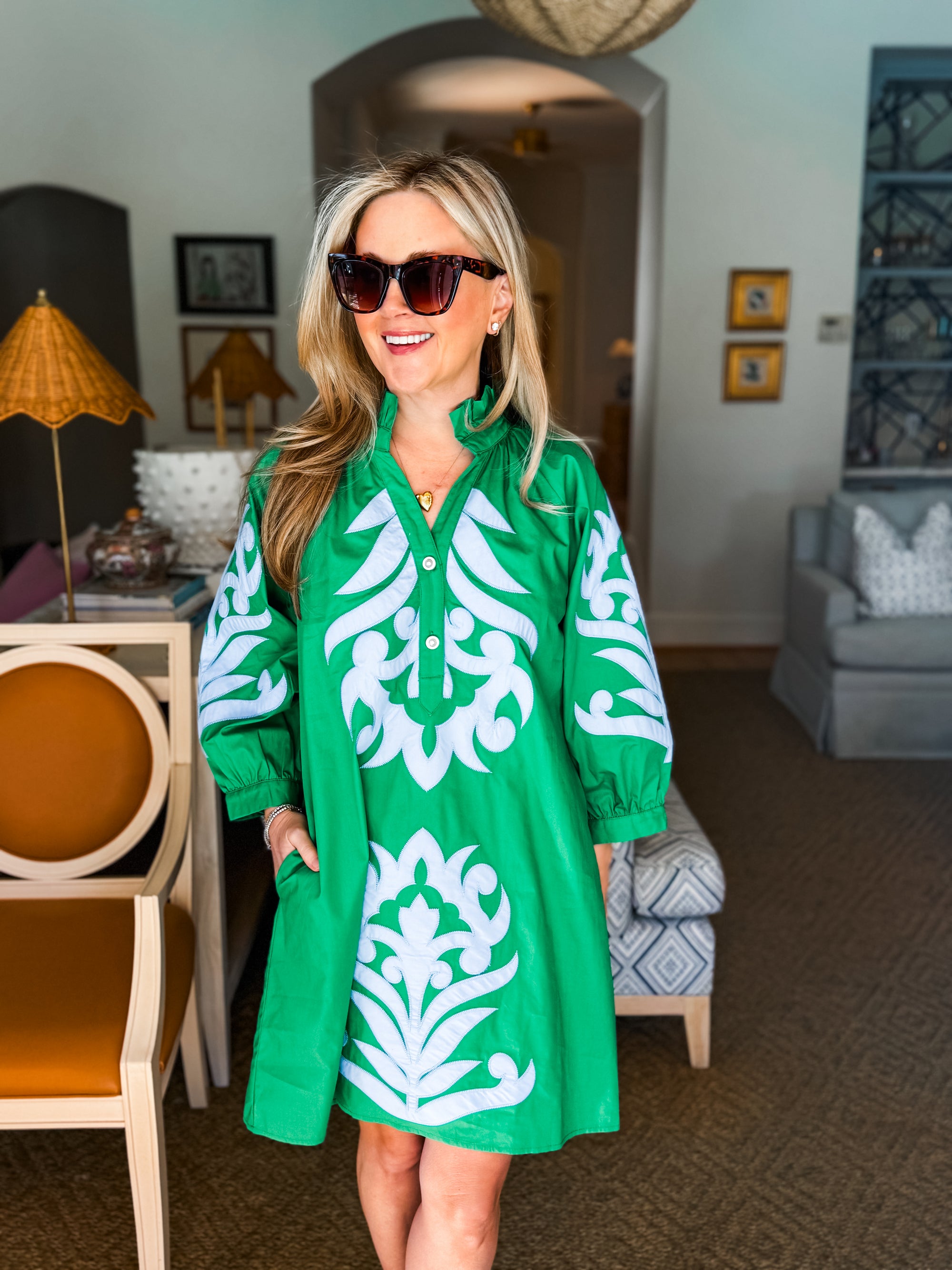 Isla Floral Baroque Dress-Kelly Green/Lt. Blue Pomp & Circumstance Boutique by Marie Earthman Isla Floral Baroque Dress-Kelly Green/Lt. Blue Pomp & Circumstance Boutique by Marie Earthman