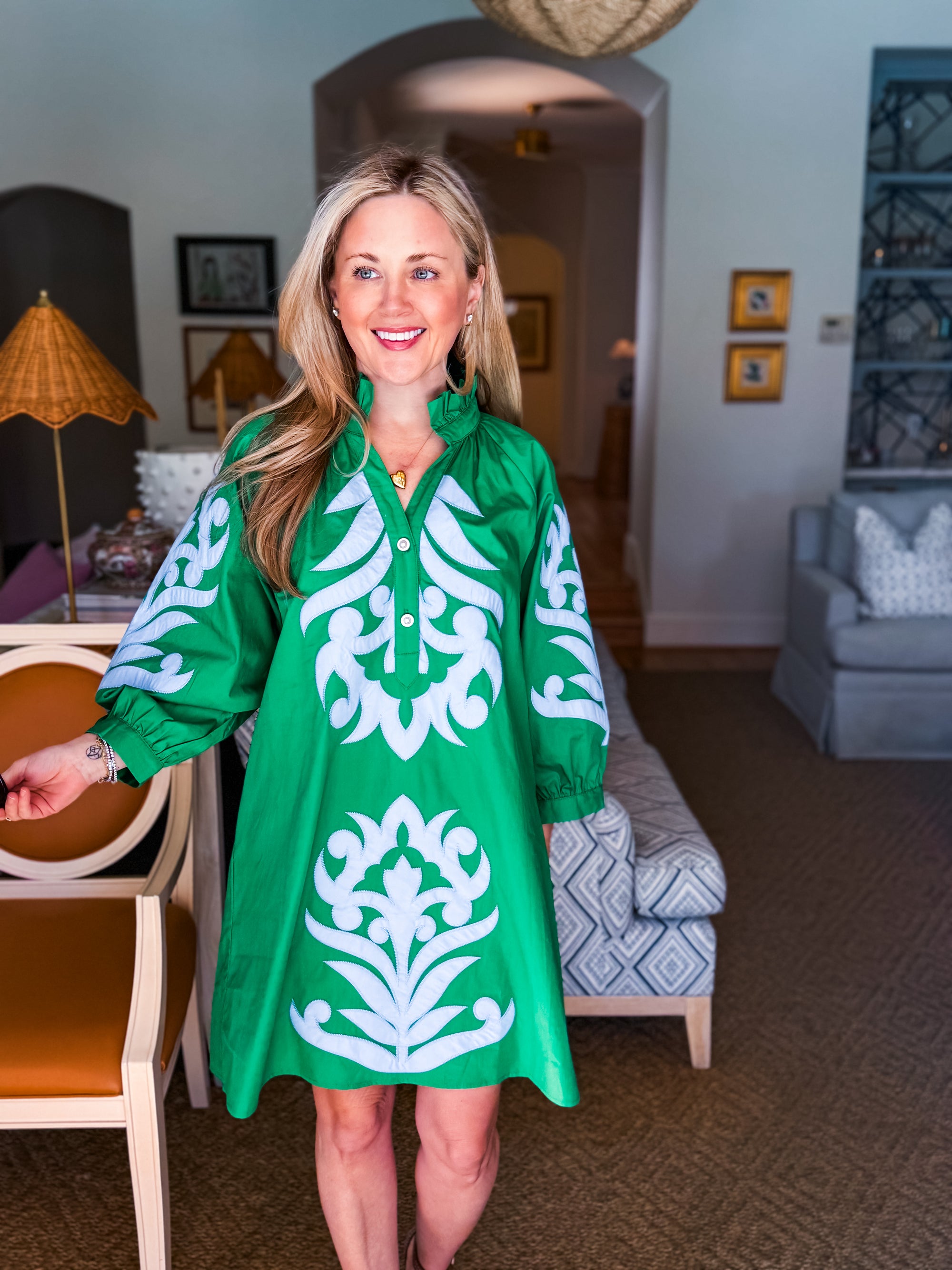 Isla Floral Baroque Dress-Kelly Green/Lt. Blue