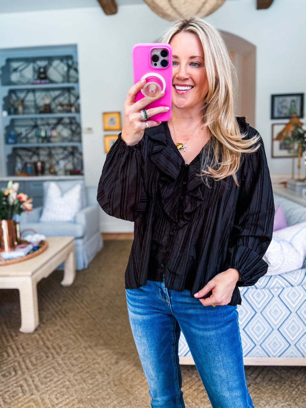 Feeling Light Ruffle Trim Top-Black