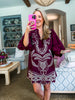 Harvest Charm Embroidered Mini Dress-Merlot