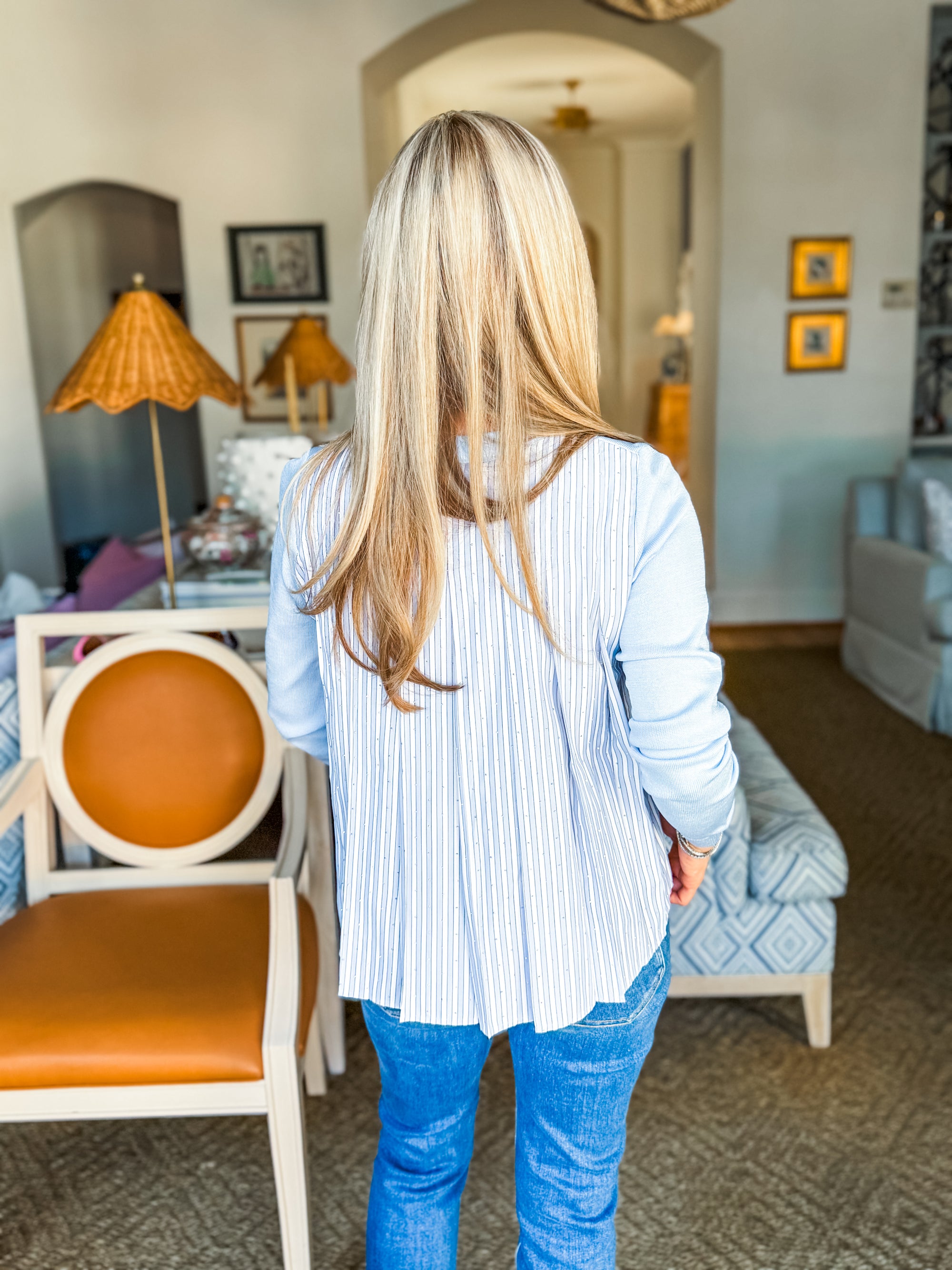 Breezy Stripes Mixed Media Top-Blue