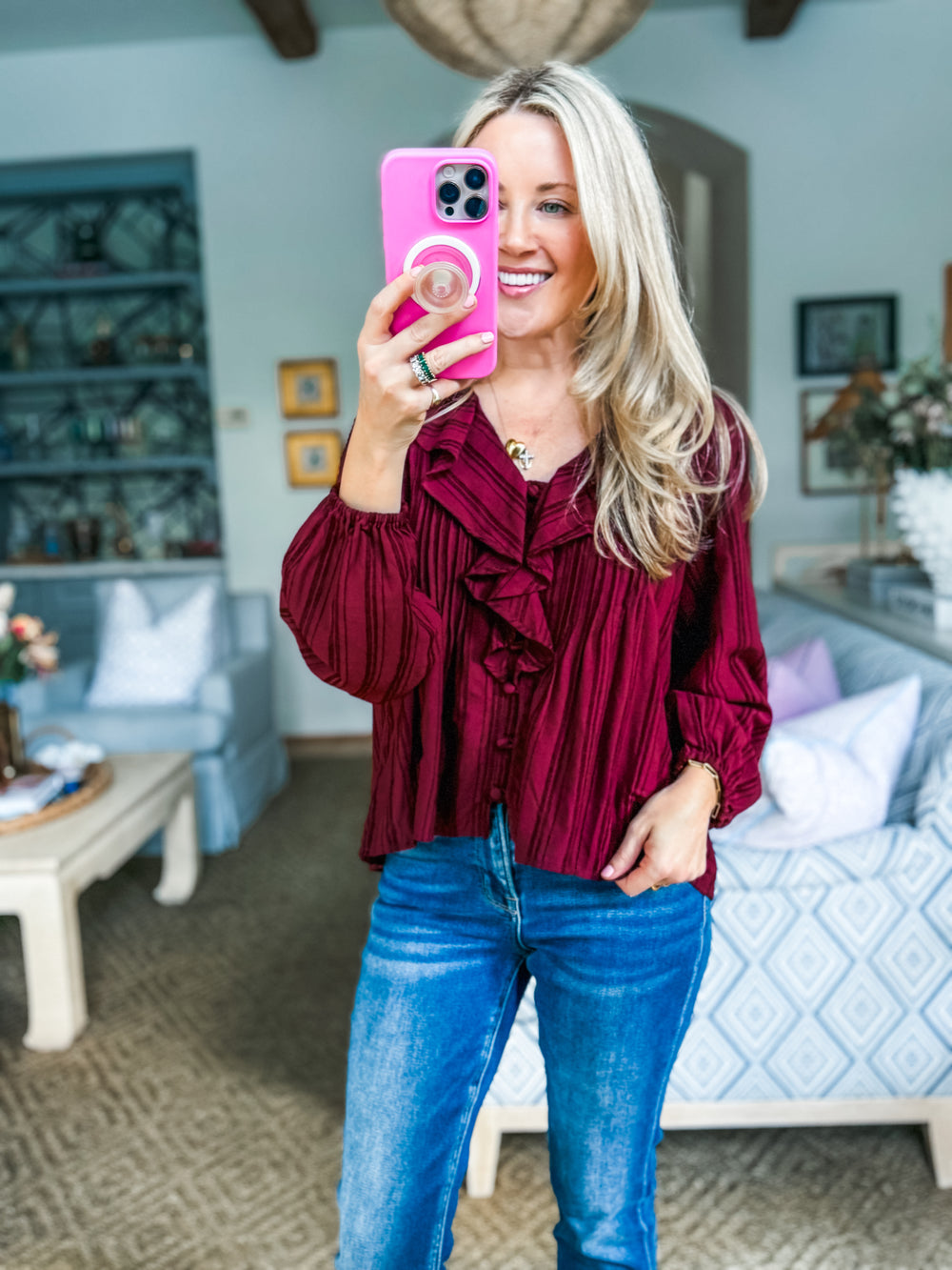 Feeling Light Ruffle Trim Top-Wine