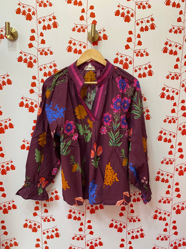 Bistro Charm Floral Top-Burgundy