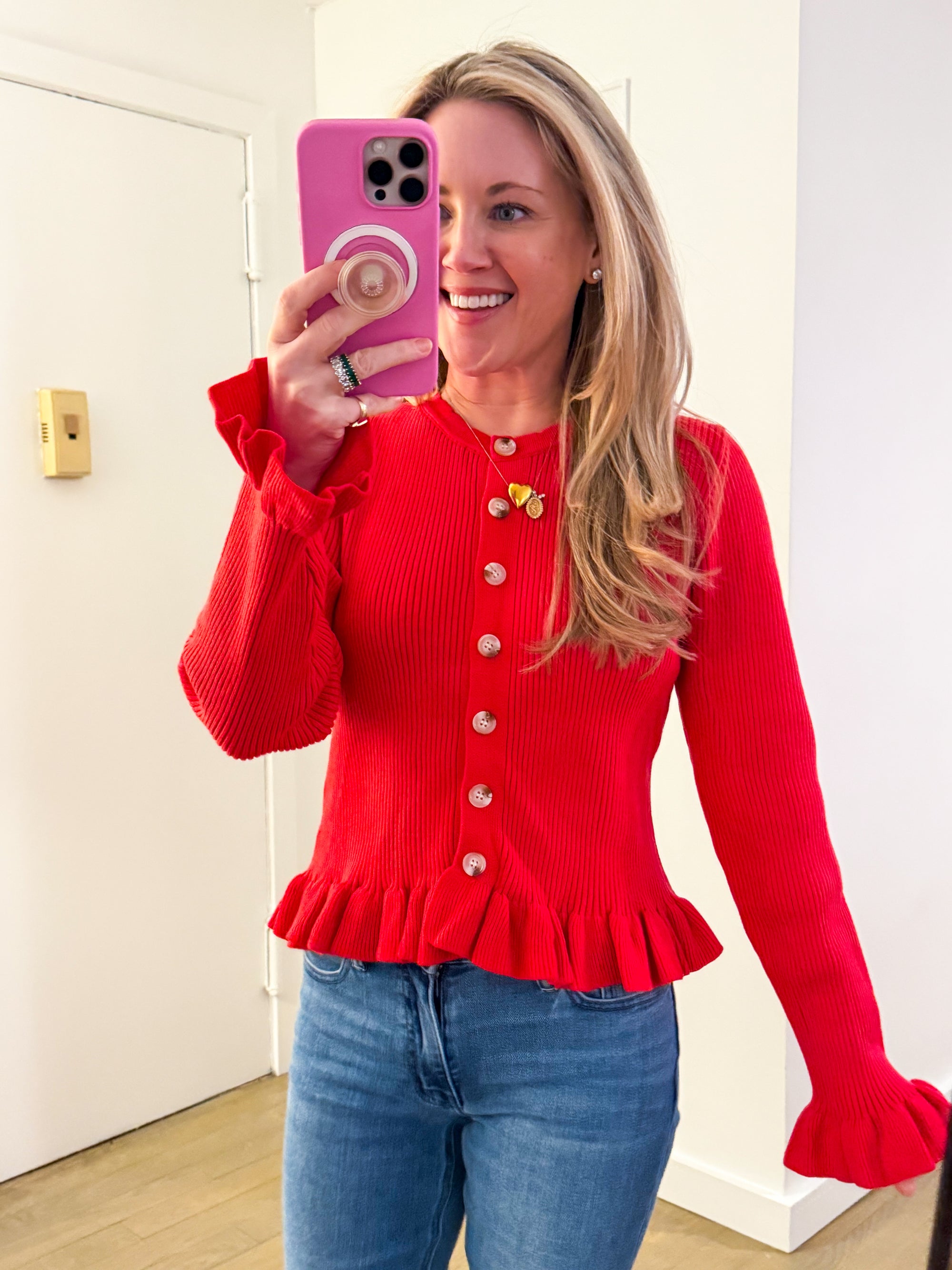 Falling for Cozy Knit Cardigan-Poppy Red