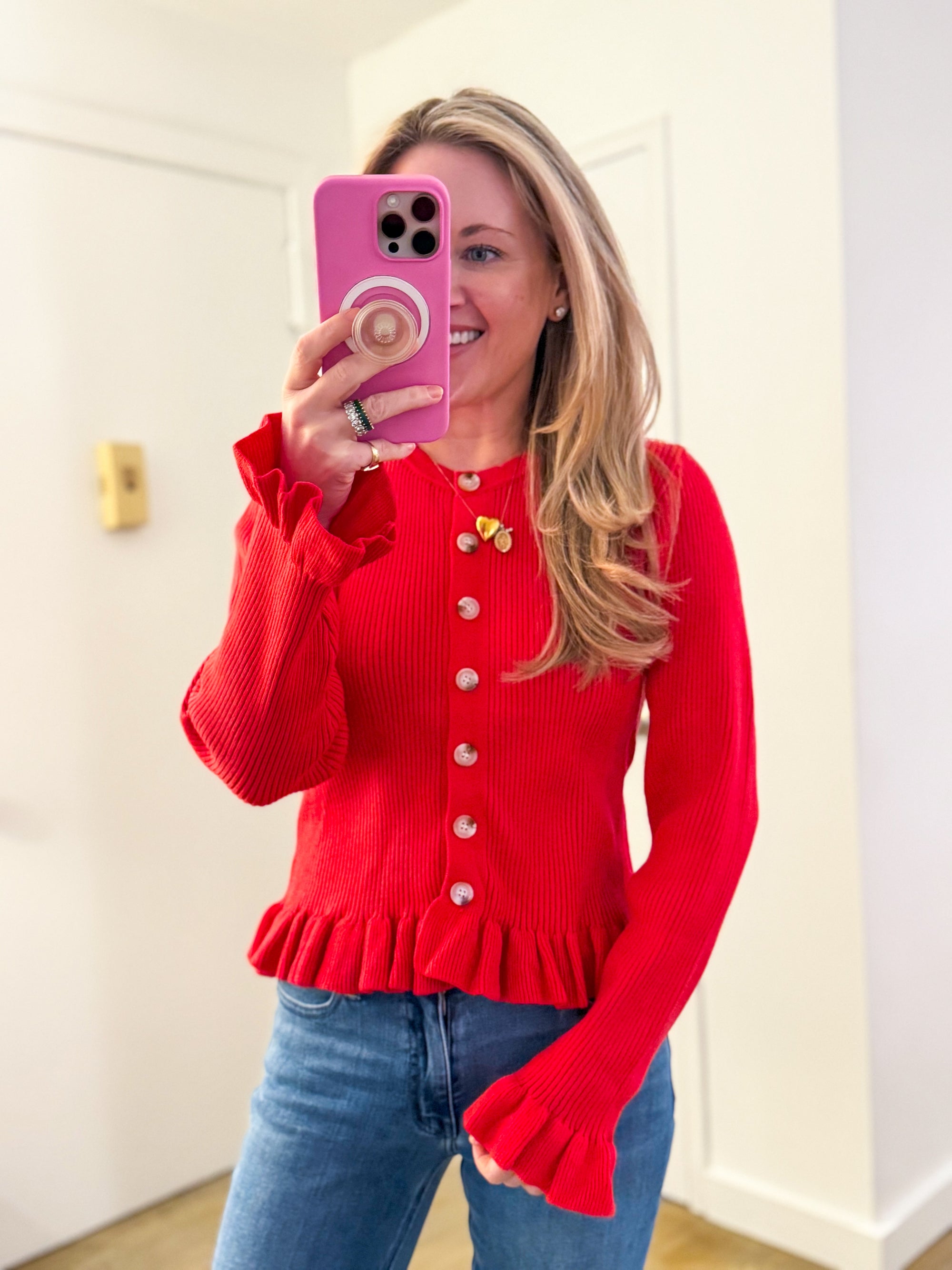 Falling for Cozy Knit Cardigan-Poppy Red