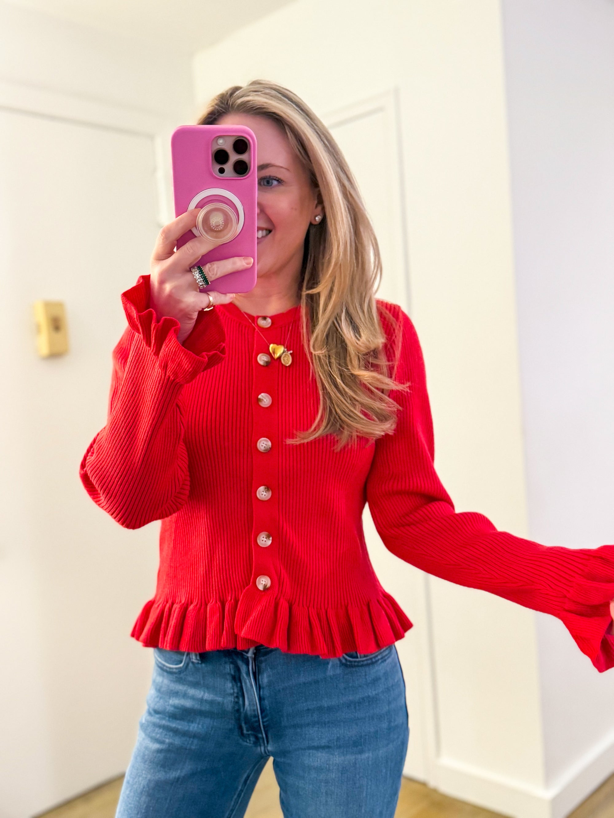 Falling for Cozy Knit Cardigan-Poppy Red