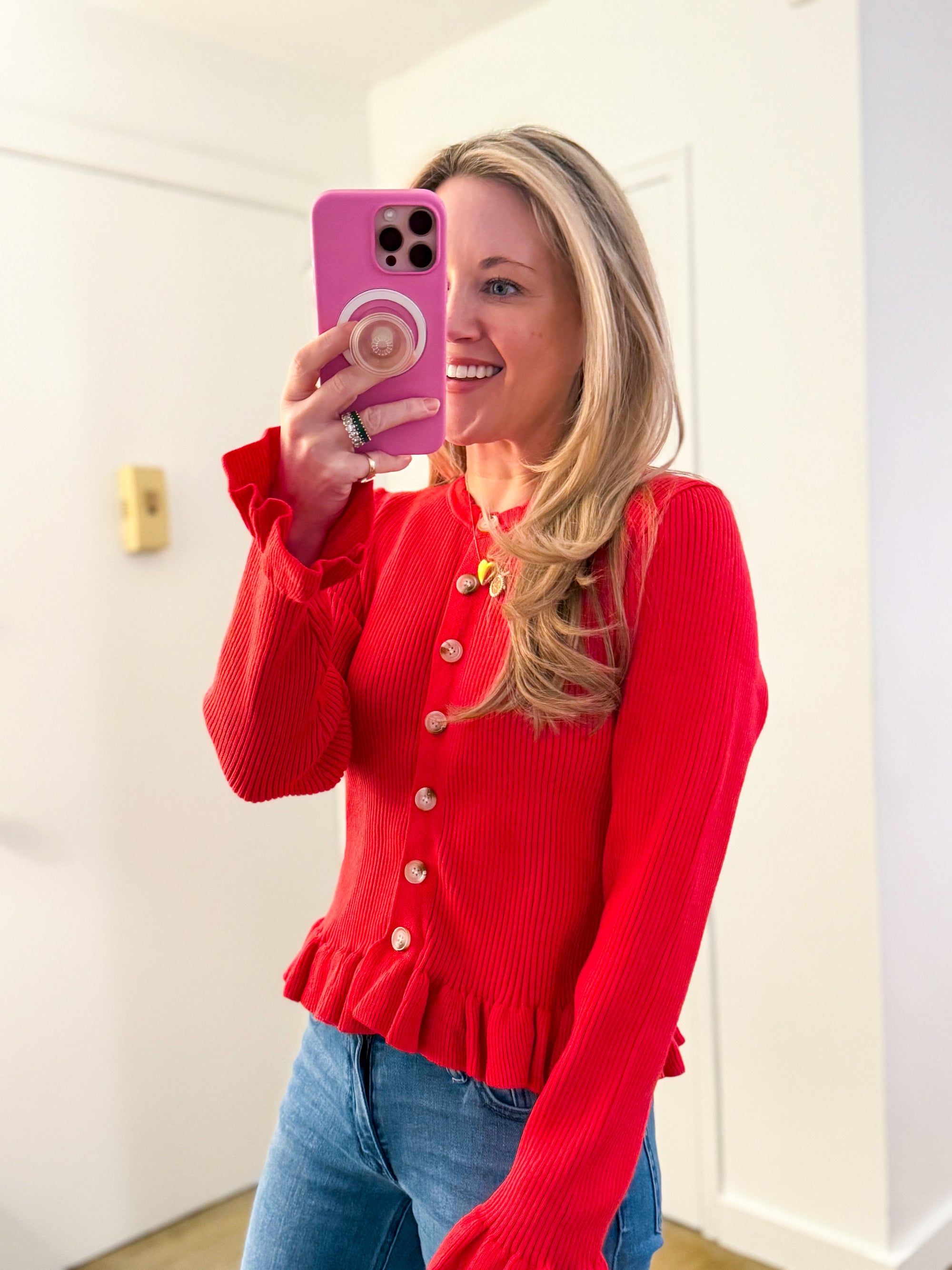 Falling for Cozy Knit Cardigan-Poppy Red