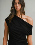 With Ease Draped Neckline Top-Black