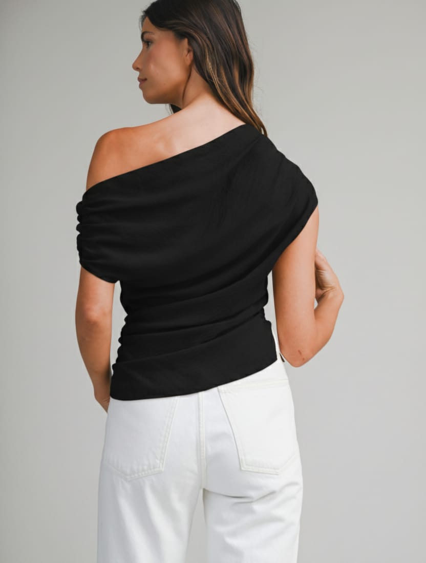 With Ease Draped Neckline Top-Black