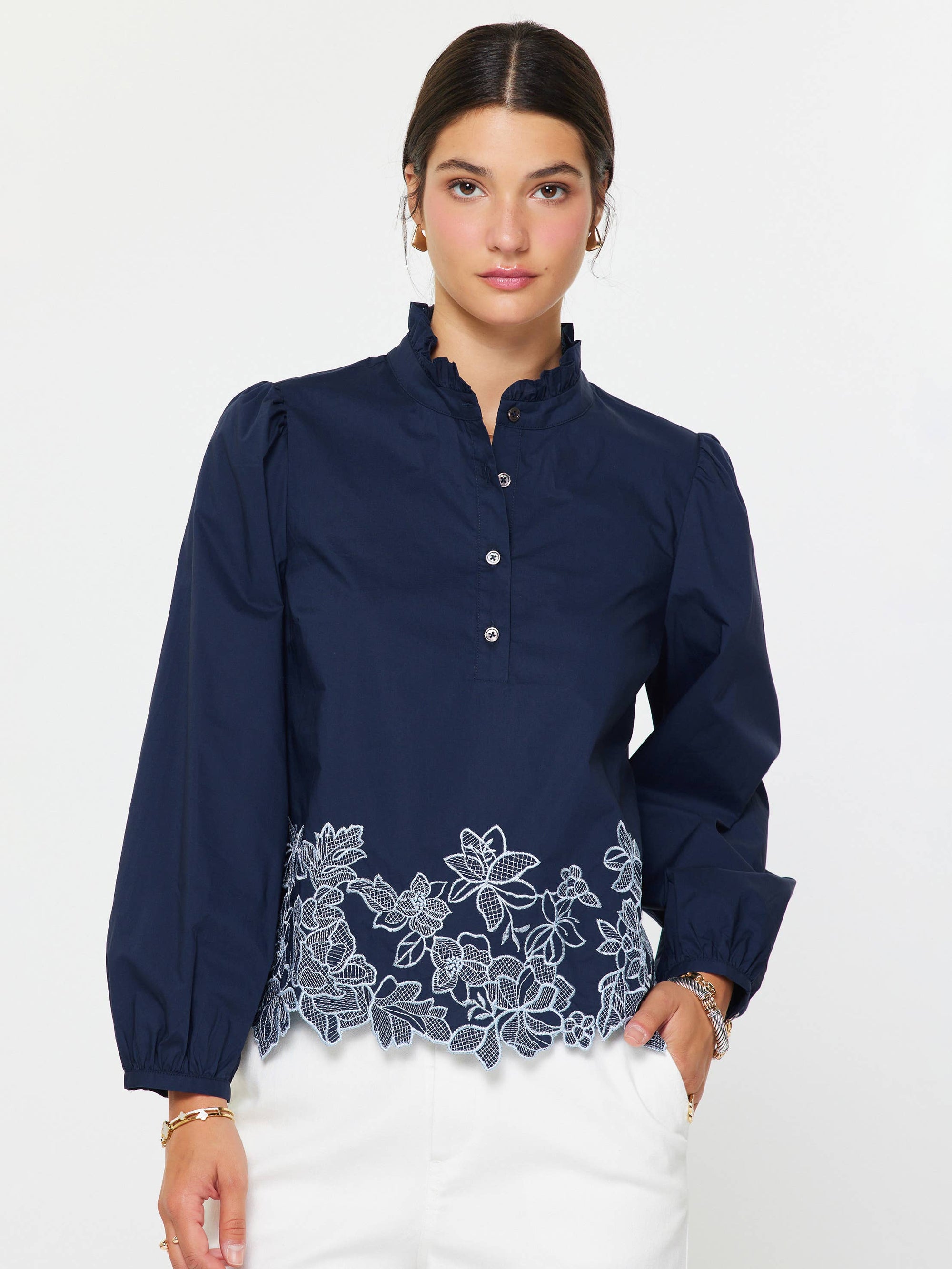 Threaded Bloom Long Sleeve Top-Navy