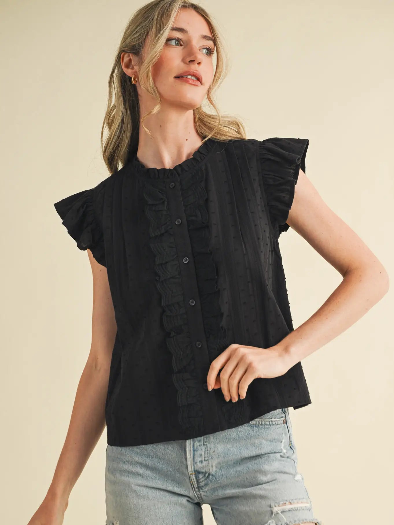 Blissful Wind Button Down Top-Black