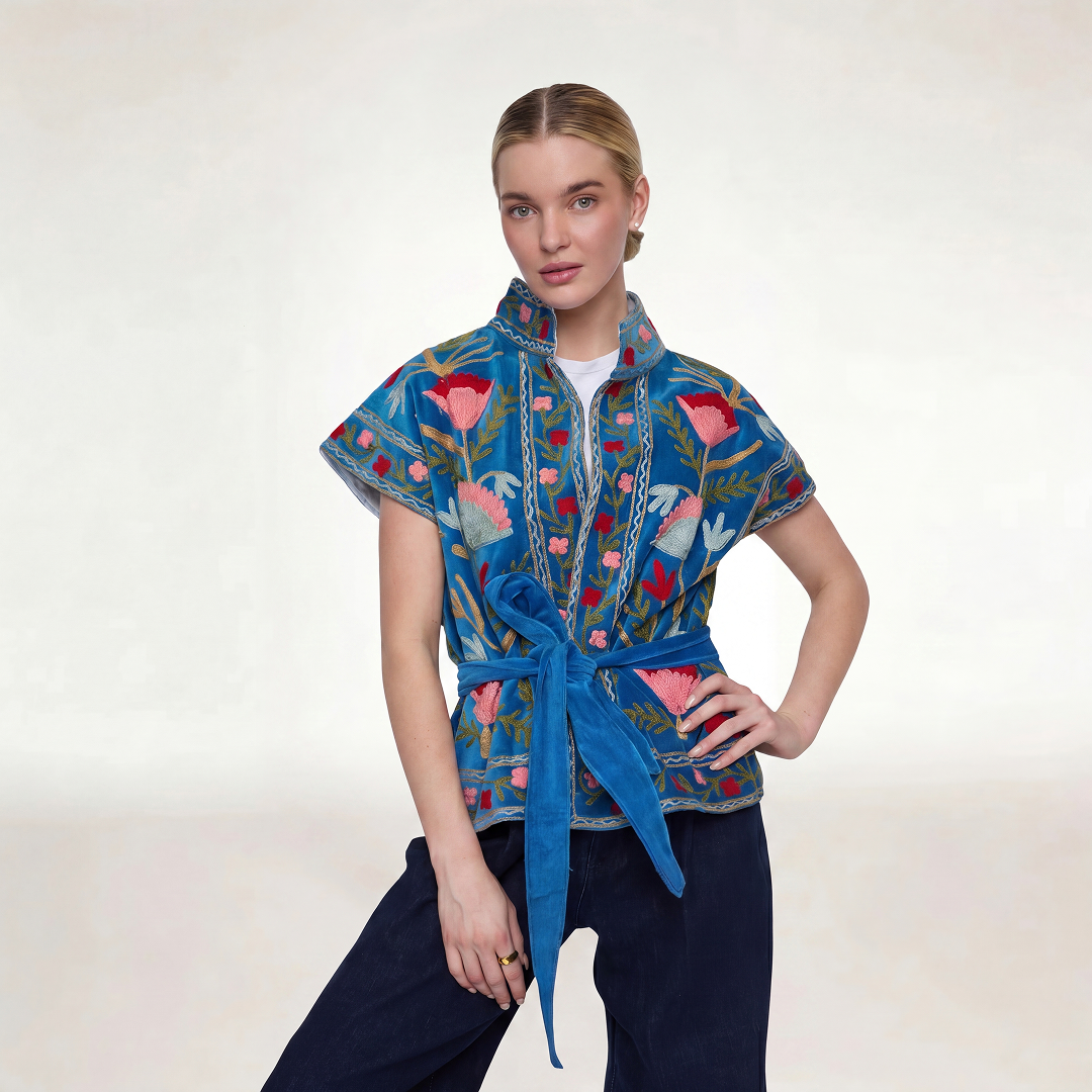 Rustic Retreat Velvet Jacket-Blue