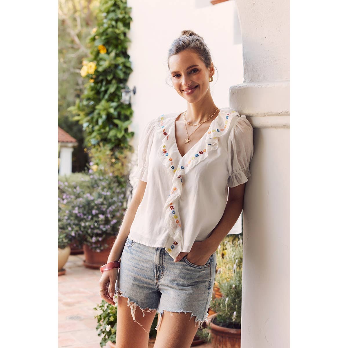 Steps Beach Embroidered Ruffle Top