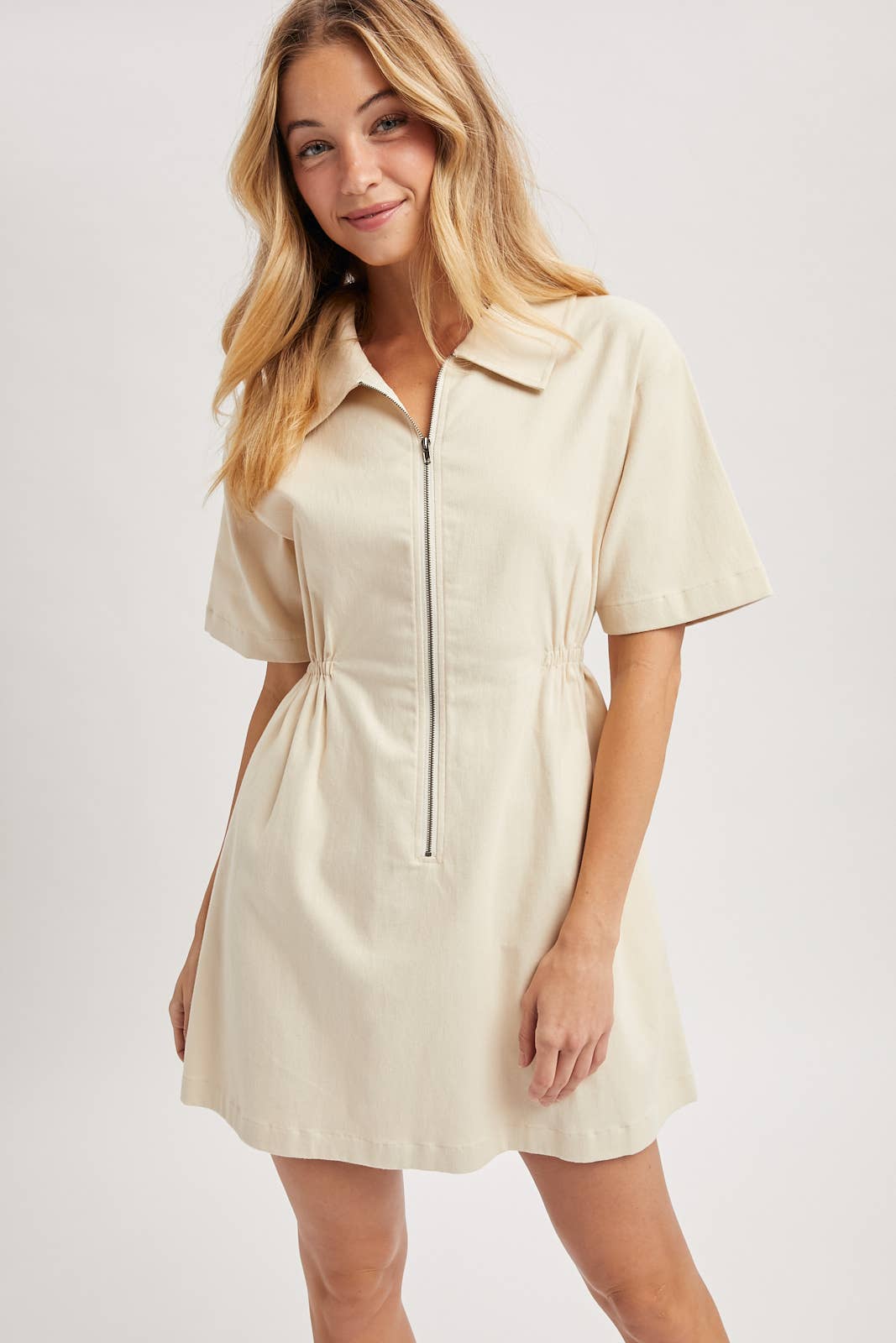 Take it Easy Zipper Mini Dress-Ecru