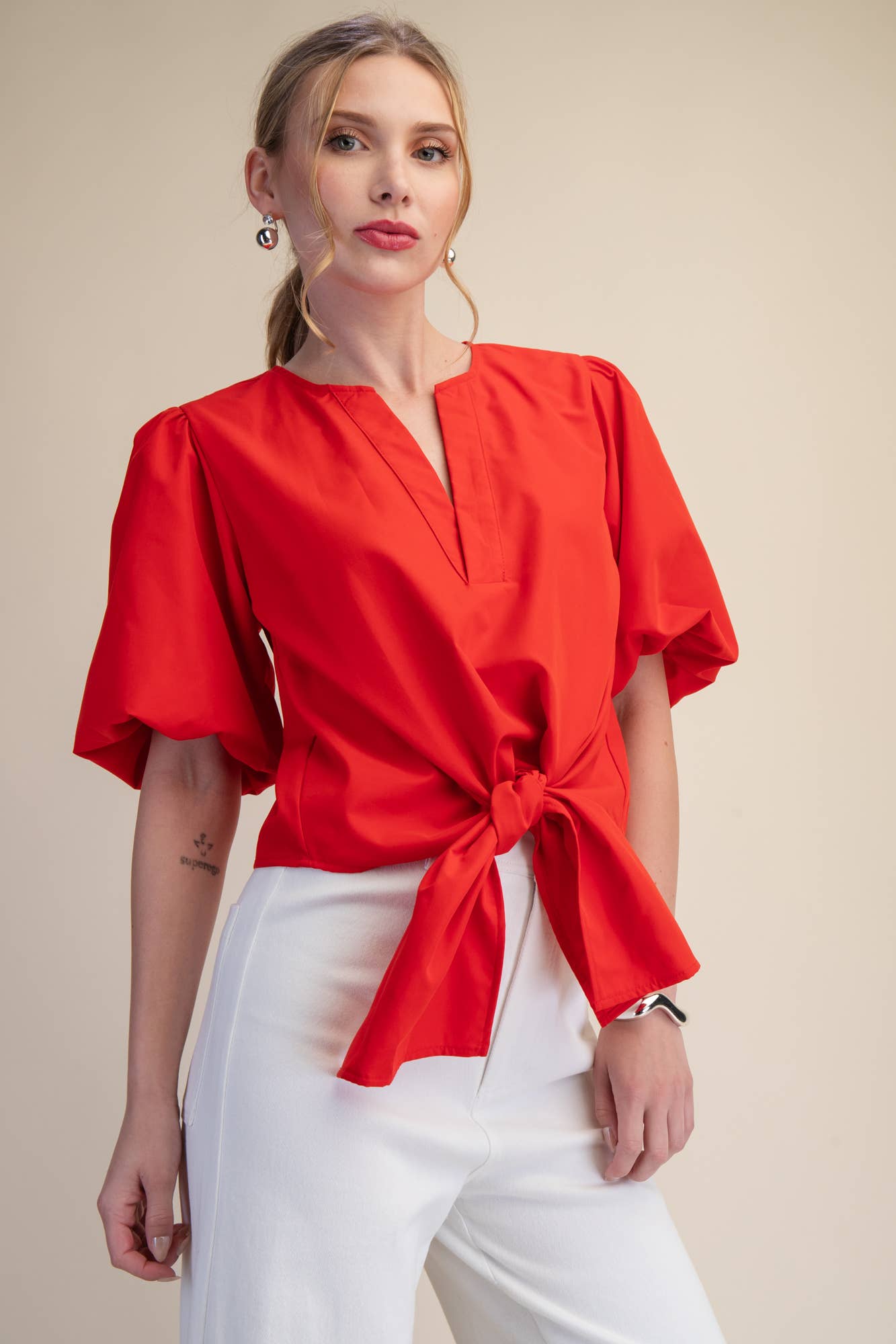 Dahlia Puff Sleeve Top-Red