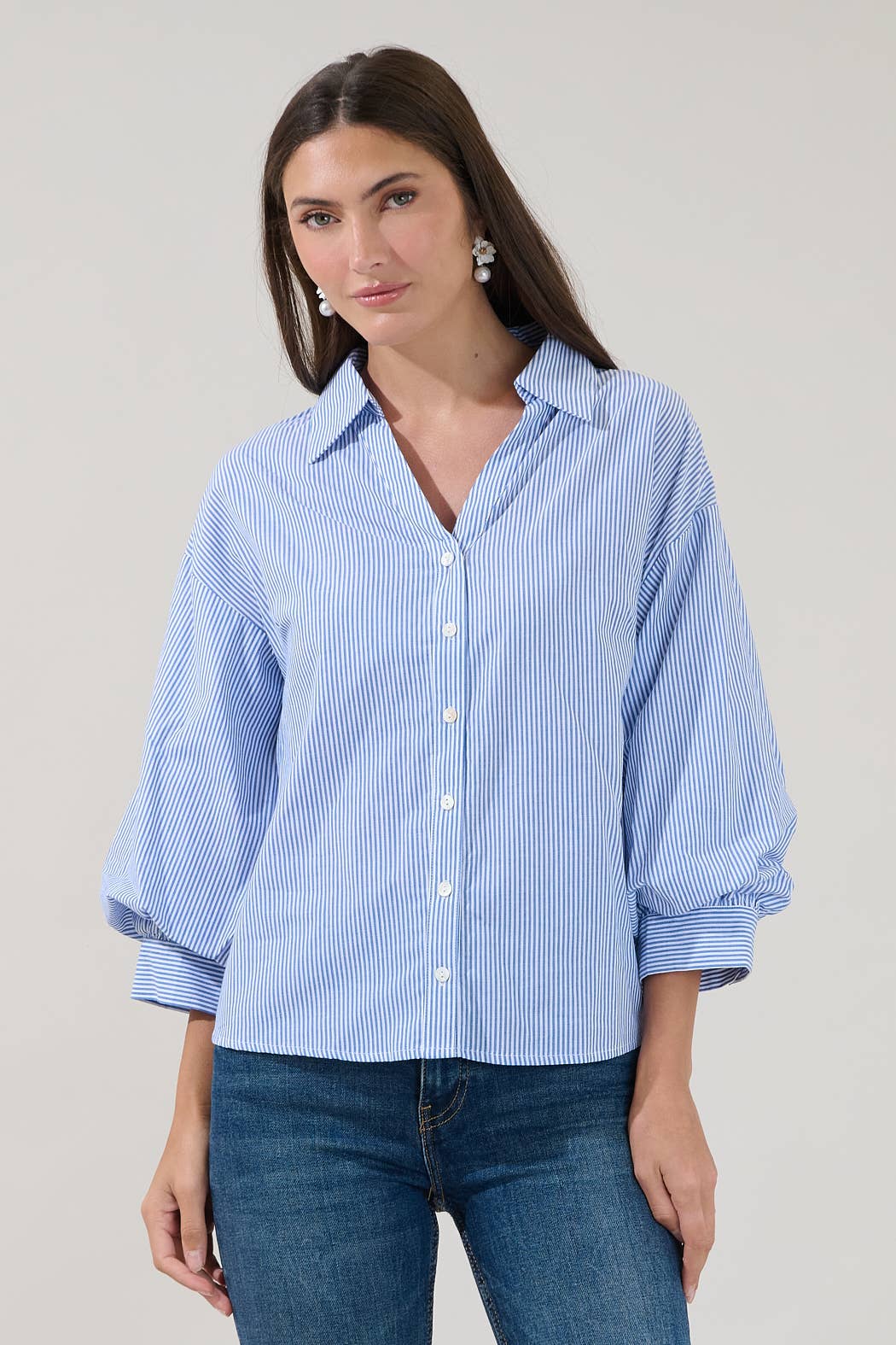Chalet Button Down Top-Blue/White