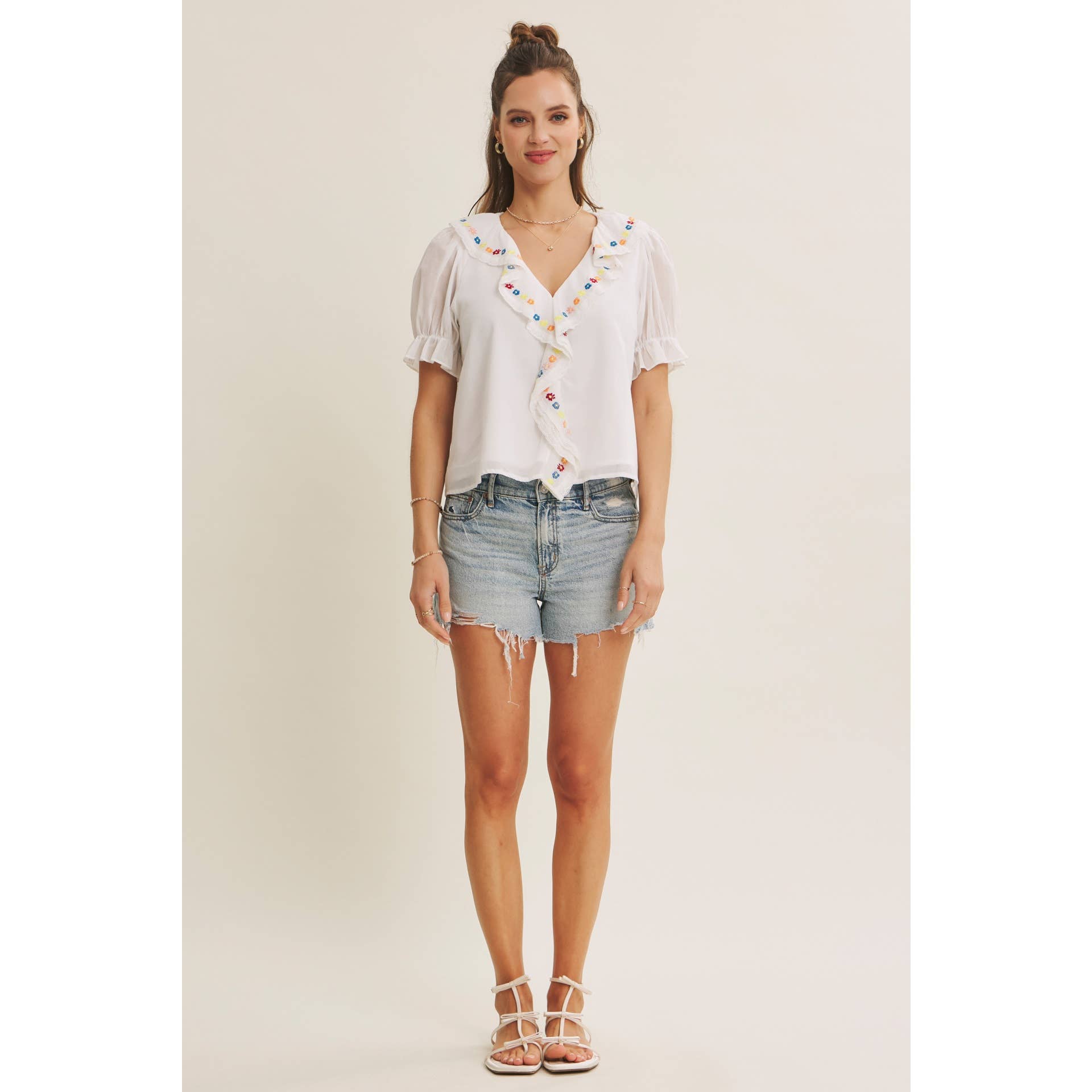 Steps Beach Embroidered Ruffle Top