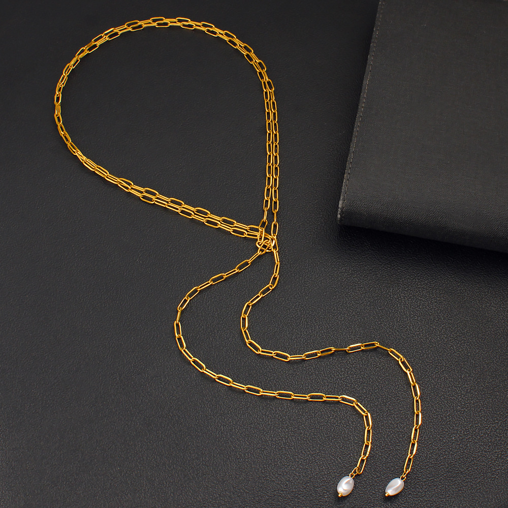 Paperclip Pearl Lariat Necklace
