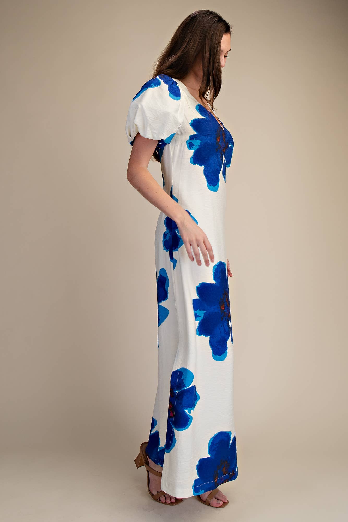 Camellia Puff-Sleeve Maxi Dress-Royal