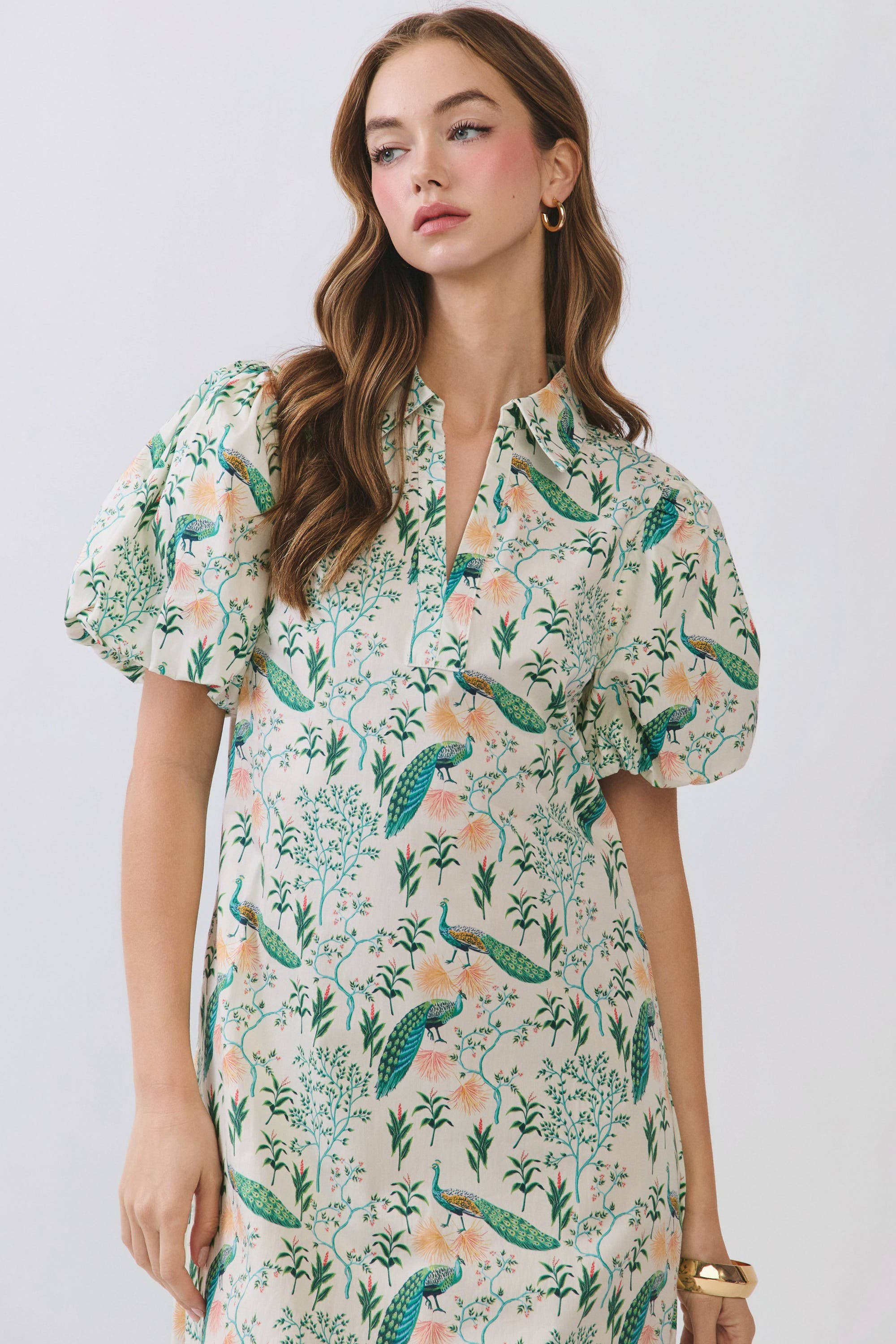 Peacock Puff Sleeve Midi Dress