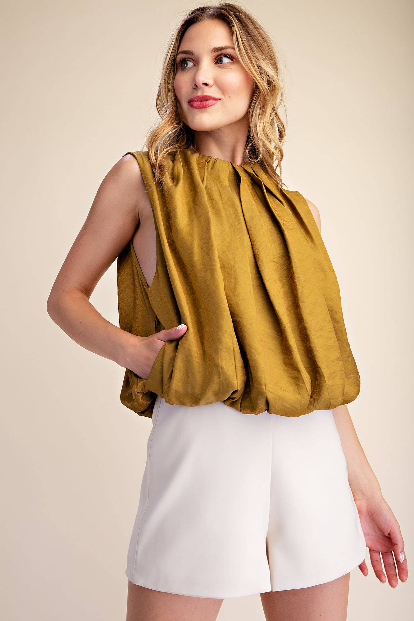Estelle Pleated Balloon Top-Mustard