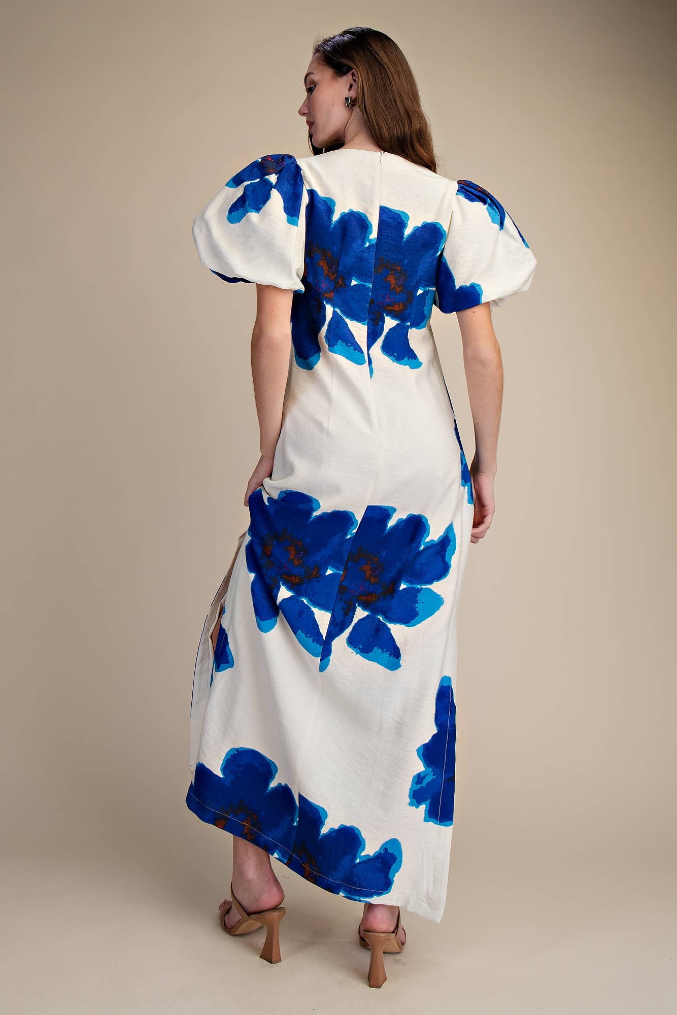 Camellia Puff-Sleeve Maxi Dress-Royal