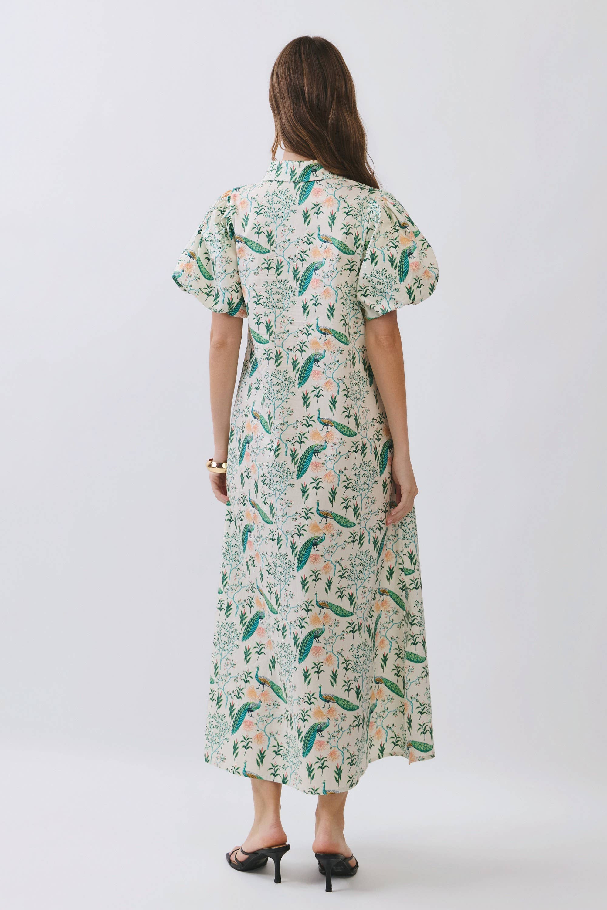 Peacock Puff Sleeve Midi Dress