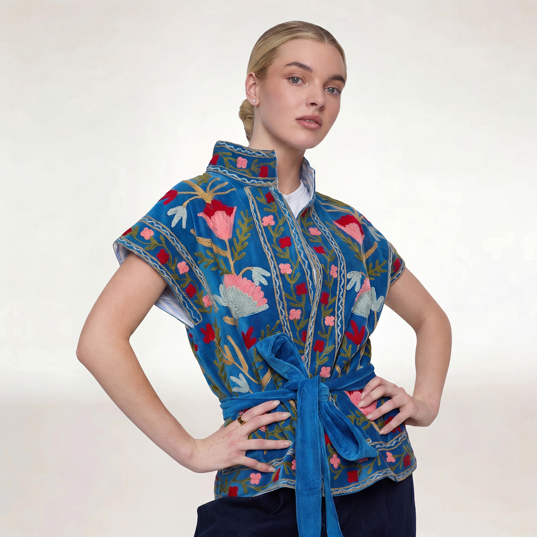 Rustic Retreat Velvet Jacket-Blue