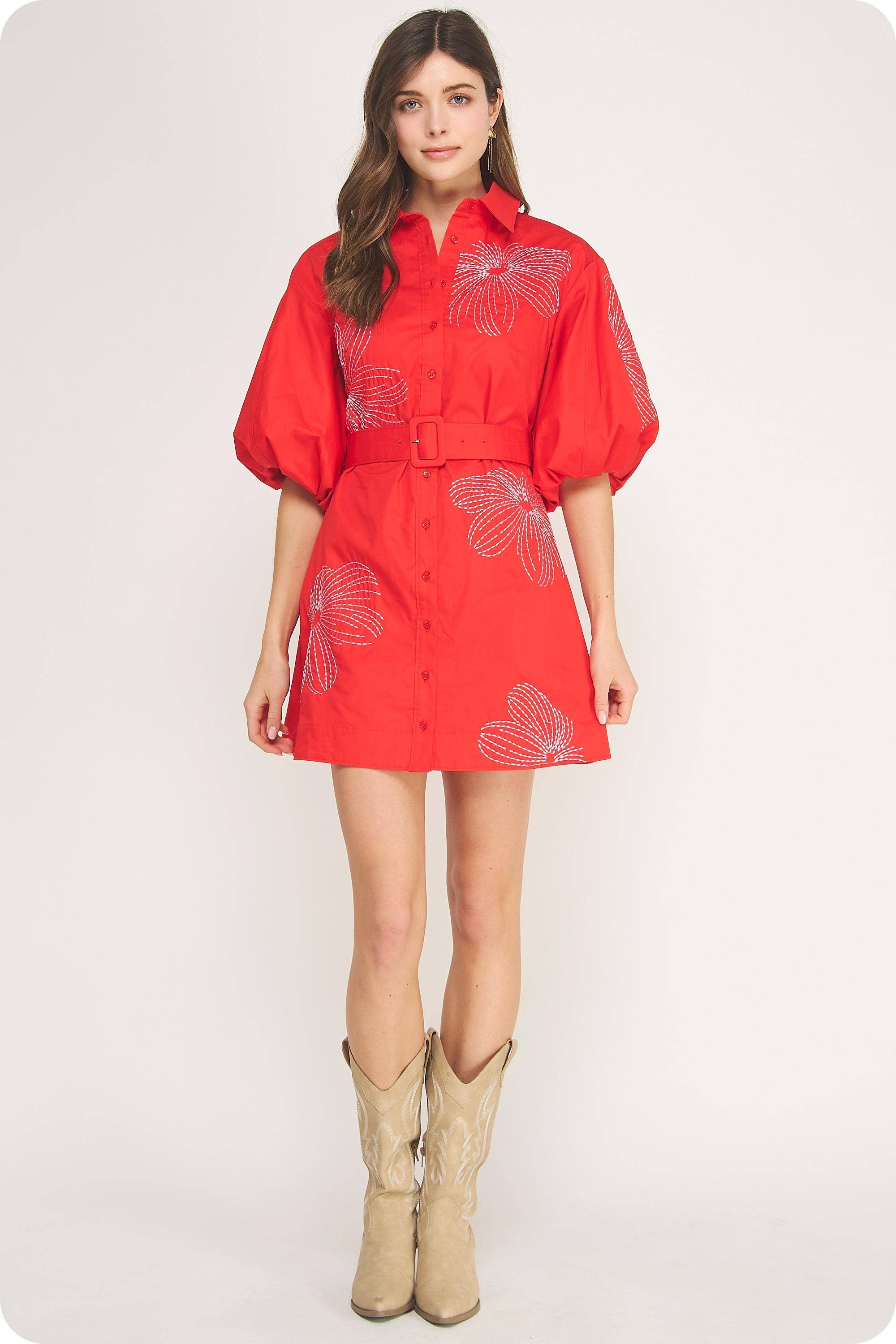 Sweet Flora Puff Sleeve Dress-Red