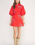 Sweet Flora Puff Sleeve Dress-Red