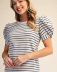 Sunny Stripe Puff Sleeve Top-Blue