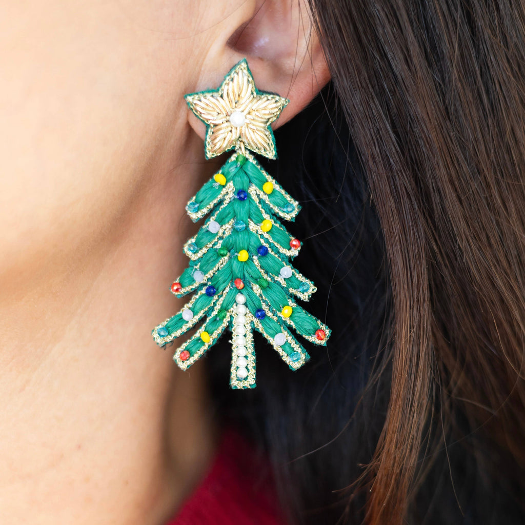 Green Raffia Christmas Tree Earrings